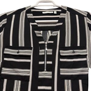 Notations Womens‎ Black White Stripe Zip Neck Utility Blouse Top Plus Size 1X